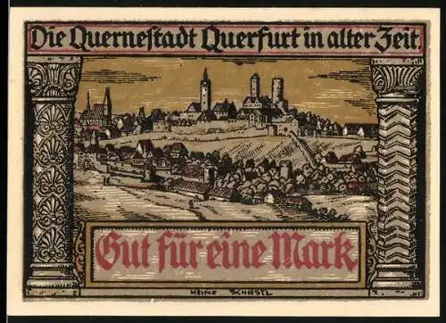 Notgeld Querfurt 1921, 1 Mark, historische Stadtansicht und Siegel auf Vorder- und Rückseite