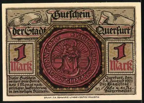 Notgeld Querfurt, 1921, 1 Mark, historische Gebäude und Stadtsiegel mit Maria und Jesuskind