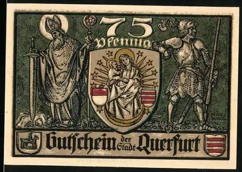 Notgeld Querfurt 1921, 75 Pfennig, Stadtwappen und historische Gebäude