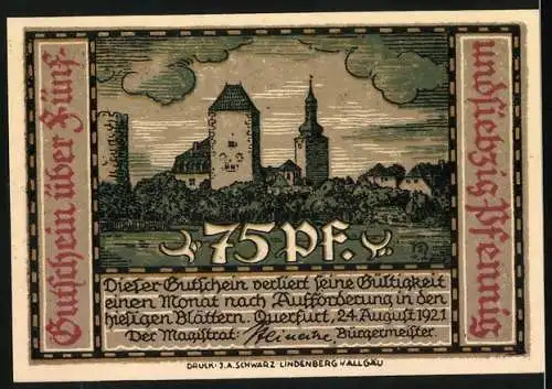 Notgeld Querfurt 1921, 75 Pfennig, Stadtwappen und historische Gebäude