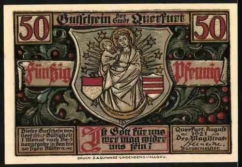 Notgeld Querfurt 1921, 50 Pfennig, religiöse Motive und Wappen