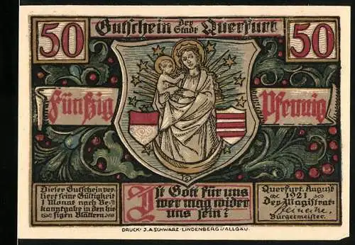 Notgeld Querfurt 1921, 50 Pfennig, Maria mit Kind und Eselstatue, kunstvoll gestaltet mit Text und Ornamenten