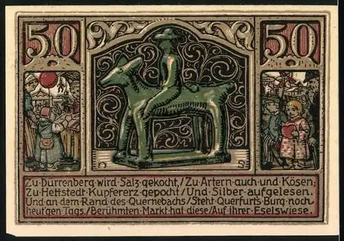 Notgeld Querfurt 1921, 50 Pfennig, Maria mit Kind und Eselstatue, kunstvoll gestaltet mit Text und Ornamenten