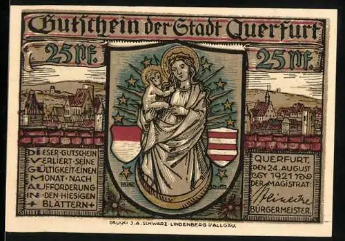 Notgeld Querfurt, 1921, 25 Pfennig, Darstellung von Madonna und Rathaus