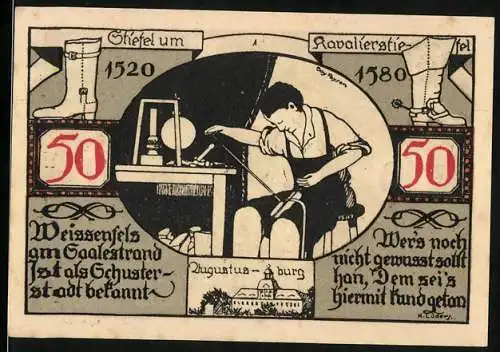 Notgeld Weissenfels 1921, 50 Pfennig, Schuster und Augustusburg, Stadtwappen und Gültigkeitsvermerk