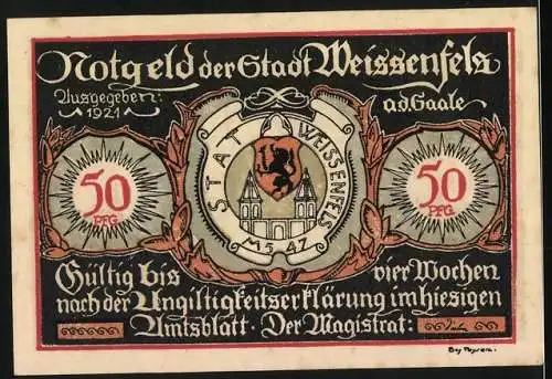 Notgeld Weissenfels 1921, 50 Pfennig, Schuster und Augustusburg, Stadtwappen und Gültigkeitsvermerk