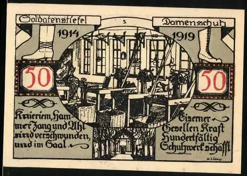 Notgeld Weissenfels 1921, 50 Pfennig, Fabrik für Soldatenstiefel und Damenschuhe