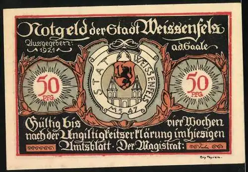 Notgeld Weissenfels 1921, 50 Pfennig, Fabrik für Soldatenstiefel und Damenschuhe