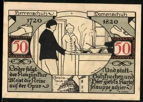 Notgeld Weissenfels 1921, 50 Pfennig, Herrenschuh und Damenschuh, Stadtwappen mit Gültigkeitshinweis