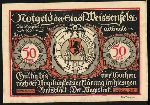 Notgeld Weissenfels 1921, 50 Pfennig, Herrenschuh und Damenschuh, Stadtwappen mit Gültigkeitshinweis