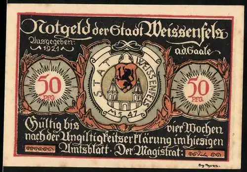 Notgeld Weissenfels 1921, 50 Pfennig, Stadtwappen und historische Szenen mit Soldaten- und Damenschuhen