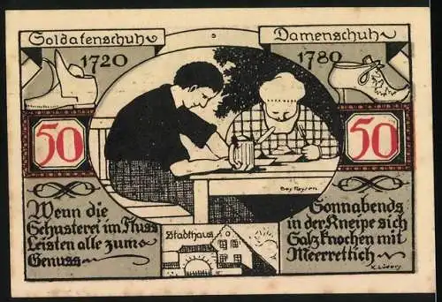 Notgeld Weissenfels 1921, 50 Pfennig, Stadtwappen und historische Szenen mit Soldaten- und Damenschuhen