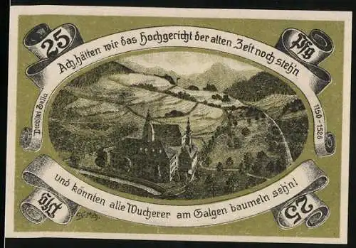 Notgeld Probstzella, 1921, 25 Pfennig, Hochgericht der alten Zeit und Münchner Wappen