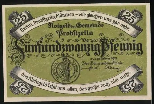 Notgeld Probstzella, 1921, 25 Pfennig, Hochgericht der alten Zeit und Münchner Wappen