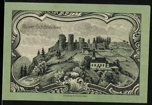 Notgeld Prüm 1920, 25 Pfennig, Ruine Schönecken und Kreis Prüm Wappen