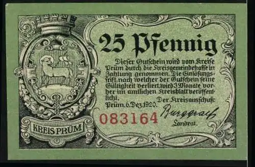 Notgeld Prüm 1920, 25 Pfennig, Ruine Schönecken und Kreis Prüm Wappen