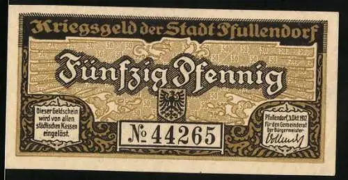 Notgeld Pfullendorf 1917, 50 Pfennig, Kriegsnotgeld der Stadt mit Obertor Illustration