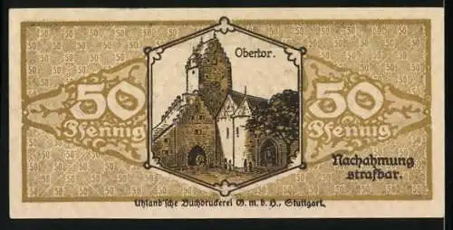 Notgeld Pfullendorf 1917, 50 Pfennig, Kriegsnotgeld der Stadt mit Obertor Illustration