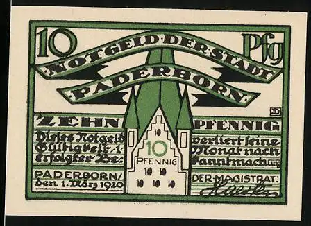 Notgeld Paderborn, 1920, 10 Pfennig, Kaiser Karl der Grosse und Stadtwappen in Grün und Weiss