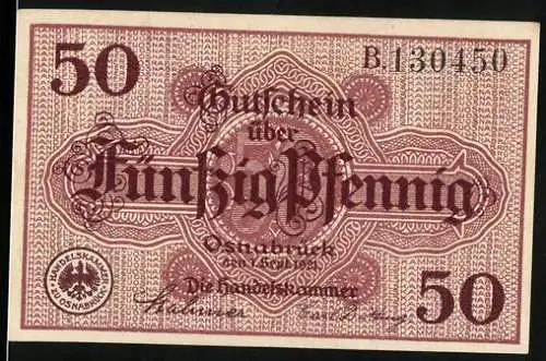 Notgeld Osnabrück, 1921, 50 Pfennig, Handelskammer Gutschein über fünfzig Pfennig, Seriennummer B 130450