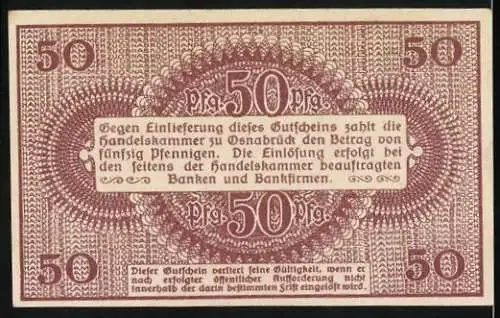 Notgeld Osnabrück, 1921, 50 Pfennig, Handelskammer Gutschein über fünfzig Pfennig, Seriennummer B 130450