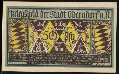 Notgeld Oberndorf a.N., 1918, 50 Pfennig, Kriegsdarstellung und Wappen auf Vorder- und Rückseite