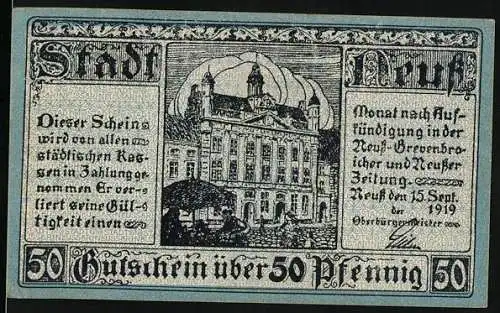 Notgeld Neuss, 1919, 50 Pfennig, Stadtansicht und Wappen mit Nummer 179636