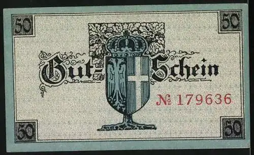 Notgeld Neuss, 1919, 50 Pfennig, Stadtansicht und Wappen mit Nummer 179636