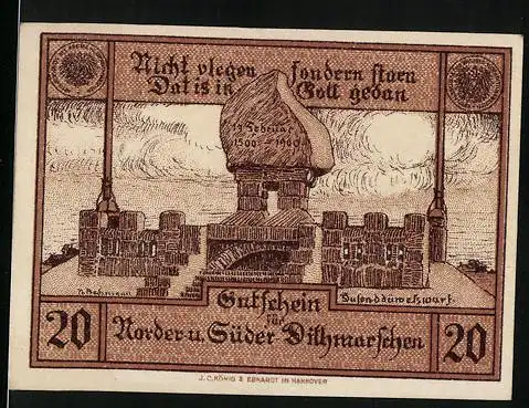 Notgeld Norder u. Süder-Dithmarschen, 1900, 20 Pfennig, Gutschein mit Stadtansicht und Aufforderung zur Einlösung