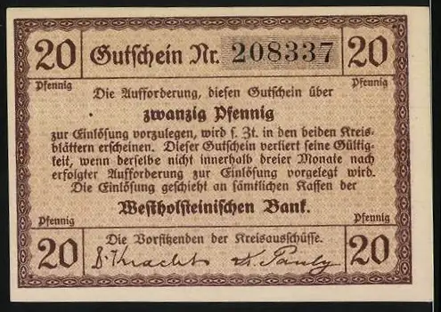 Notgeld Norder u. Süder-Dithmarschen, 1900, 20 Pfennig, Gutschein mit Stadtansicht und Aufforderung zur Einlösung