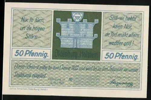 Notgeld Oldenburg in Holstein, 1921, 50 Pfennig, Burg und Torfwerk Abbildungen