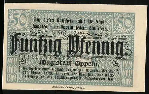 Notgeld Oppeln, 1921, 50 Pfennig, Magistrat Oppeln, Gebäude mit Turm