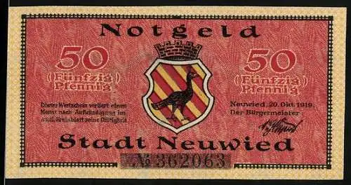 Notgeld Neuwied, 1919, 50 Pfennig, Wappen und Gebäudeabbildung