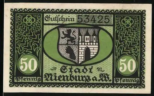 Notgeld Nienburg a. W., 50 Pfennig, grünes Stadtwappen mit Burg und Löwen, Seriennummer 53425