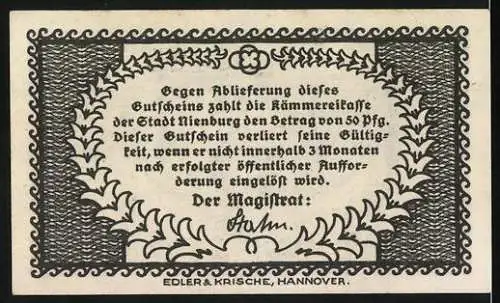 Notgeld Nienburg a. W., 50 Pfennig, grünes Stadtwappen mit Burg und Löwen, Seriennummer 53425