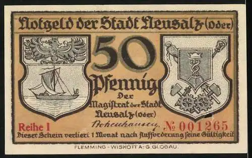 Notgeld Neusalz an der Oder, 1921, 50 Pfennig, Hafeneinfahrt und Stadtwappen, Serie 1, Nr.001265