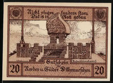 Notgeld Norder und Süder-Dithmarschen, 20 Pfennig, Gutschein Nr. 190351, Gebäude mit Inschrift und Unterschriften