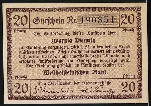 Notgeld Norder und Süder-Dithmarschen, 20 Pfennig, Gutschein Nr. 190351, Gebäude mit Inschrift und Unterschriften