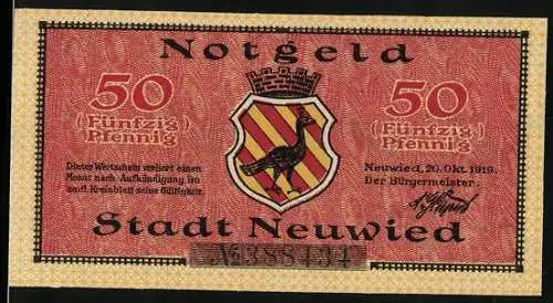 Notgeld Neuwied 1919, 50 Pfennig, Wappen und Gebäude der Stadt Neuwied