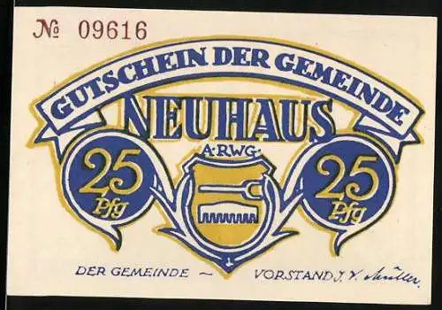 Notgeld Neuhaus, 25 Pfennig, Gutschein der Gemeinde und Luftkurort, Seriennummer 09616