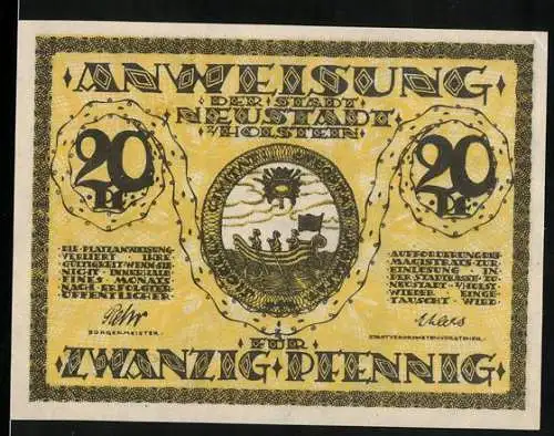 Notgeld Neustadt in Holstein, 1921, 20 Pfennig, Gelb-Schwarz, Boot und Gebäude, Ser. Nr. 21212