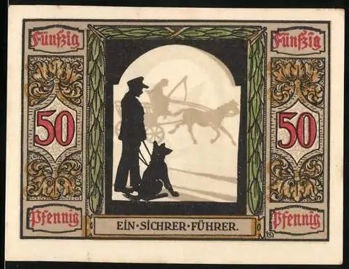 Notgeld Oldenburg 1922, 50 Pfennig, Deutscher Führhund für Kriegsblinde mit Hund und Kutscher