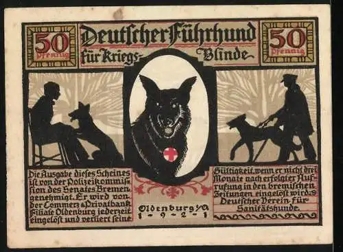 Notgeld Oldenburg 1921, 50 Pfennig, Deutscher Führhund für Kriegsblinde