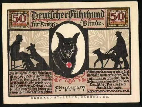 Notgeld Oldenburg 1921, 50 Pfennig, Deutscher Führhund für Kriegsblinde