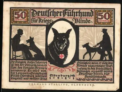 Notgeld Oldenburg 1922, 50 Pfennig, Deutscher Führhund für Kriegsblinde, Ein sicherer Führer