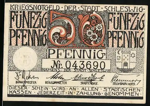 Notgeld Schleswig, 1920, 50 Pfennig, Kriegsnotgeld der Stadt Schleswig, Schlossansicht und florale Muster