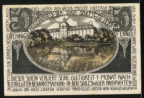 Notgeld Schleswig, 1920, 50 Pfennig, Kriegsnotgeld der Stadt Schleswig, Schlossansicht und florale Muster