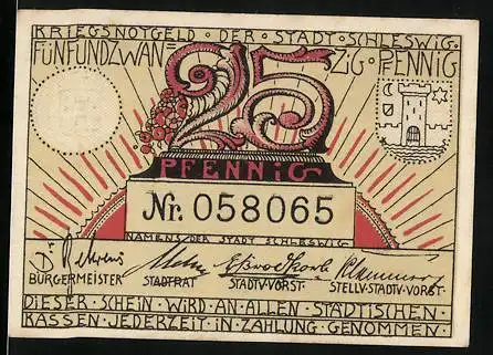 Notgeld Schleswig, 1921, 25 Pfennig, Kriegsnotgeld der Stadt Schleswig mit Stadtwappen und Landschaft