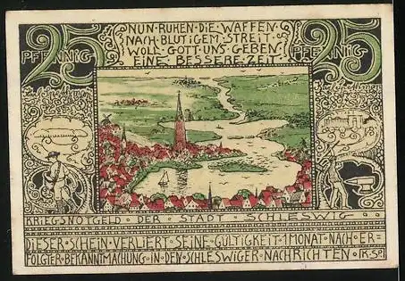 Notgeld Schleswig, 1921, 25 Pfennig, Kriegsnotgeld der Stadt Schleswig mit Stadtwappen und Landschaft