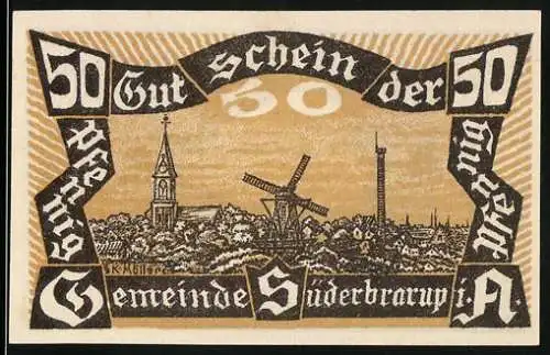 Notgeld Süderbrarup, 1920, 50 Pfennig, Kirche und Windmühle, Schlafendes Schwein, Nr. 00489